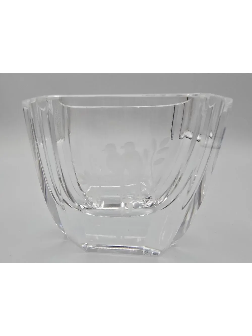 Vintage Signed Orrefors Sweden Crystal Birds Small Vase Bowl Etched Bird Motif
